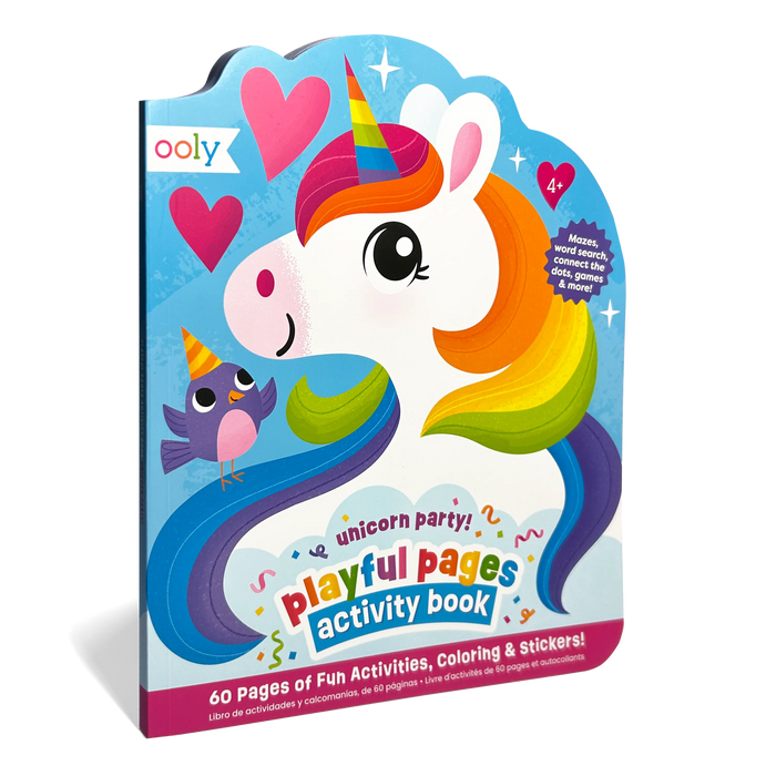 Quarter angle of front cover of OOLY Playful Pages Activity Book - Games Coloring Stickers - Unicorn Party!