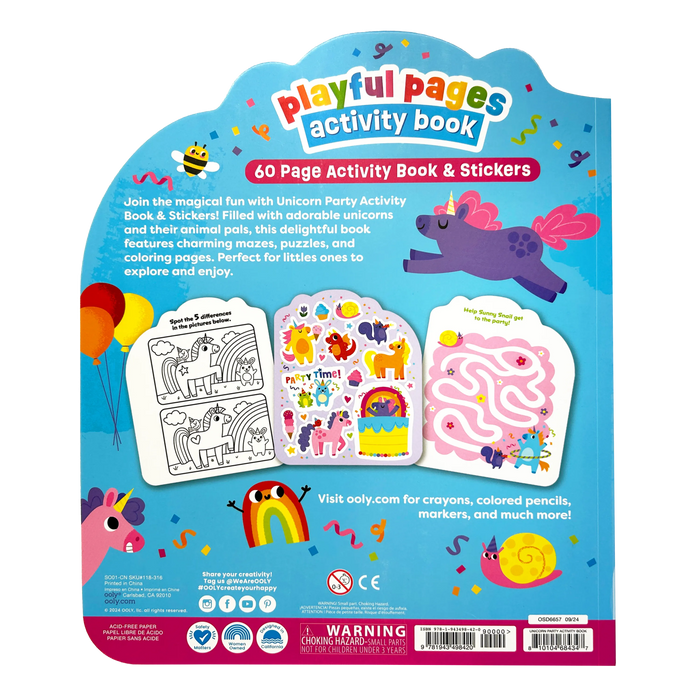 Back cover of OOLY Playful Pages Activity Book - Games Coloring Stickers - Unicorn Party!