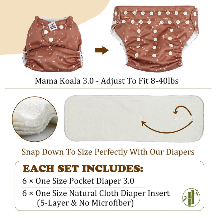 POCKET DIAPER 3.0 WITH INSERTS - 6 PACK(Happy Animals)