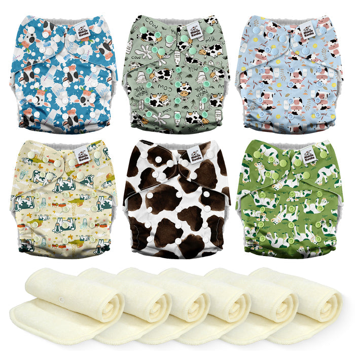 POCKET DIAPER 3.0 WITH INSERTS - 6 PACK(Happy Moo Time)
