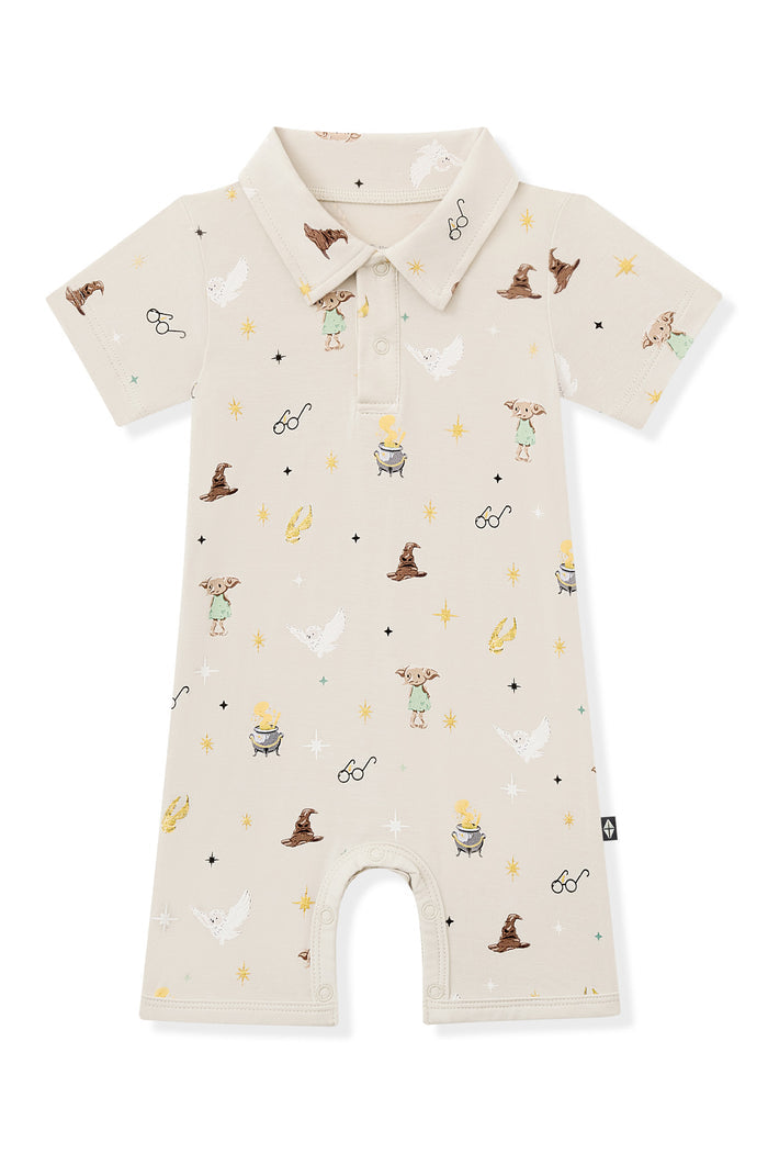 Beige Polo shortall with Harry Potter pattern print on a white background