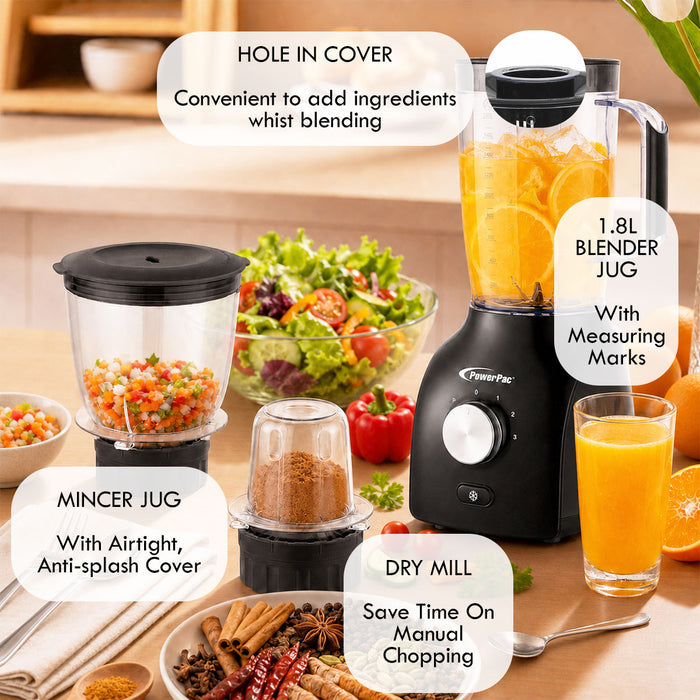 PowerPac High Power Blender, 3 IN 1 Multi-functional Blender with Dry Mill, Mincer Filter (PPBL200A)