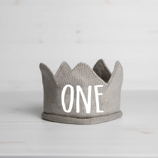 Print One First Birthday Gray Crown with White Writing