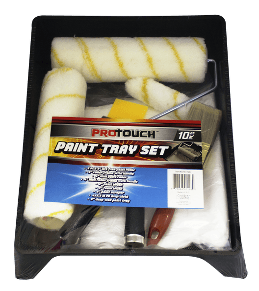 ProTouch DIY & Professional 10 Piece Paint Tray Set,  9" Roller Covers and Frame, 4" Roller Covers and Frame, Putty Knife, Drop Cloth Paint, 2"Paint Brush and 2" Foam Brush. Ideal for Any Wall, Ceiling, Textured Surface, Home or Office Painting - CH91128 MEGA