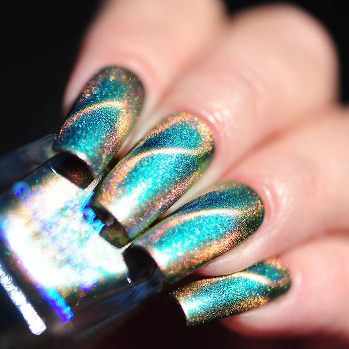 Low angled shot of long nails done with Psilocybin Nail Lacquer on fair skin tone.