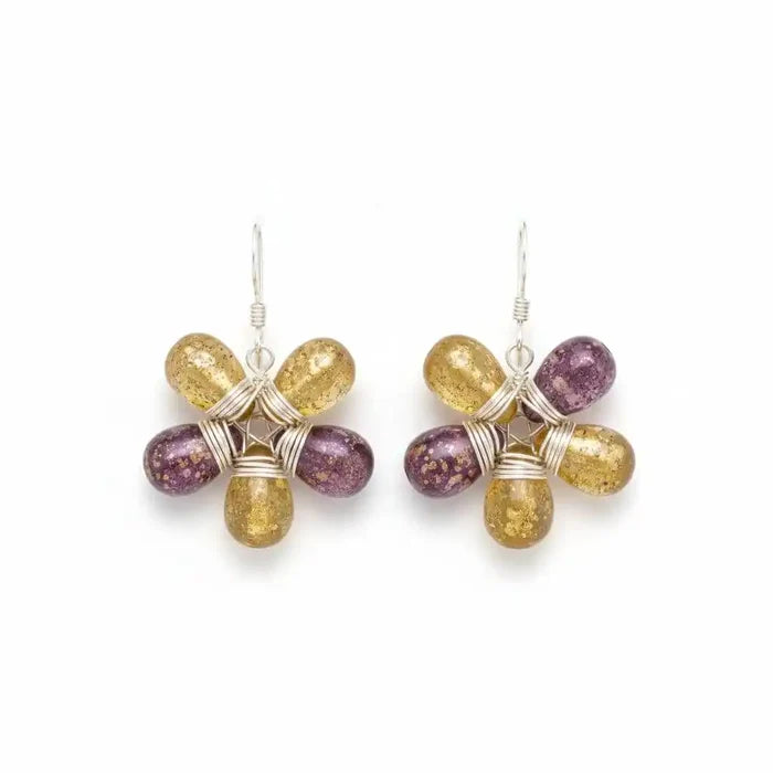 Purple and Yellow Flower Sterling Silver Earrings with wire-wrapped Czech glass beads in flower design.