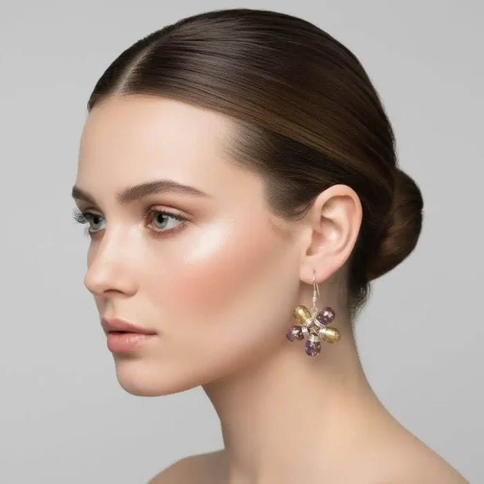 Purple and Yellow Flower Sterling Silver Earrings worn by a model showcasing their elegance.