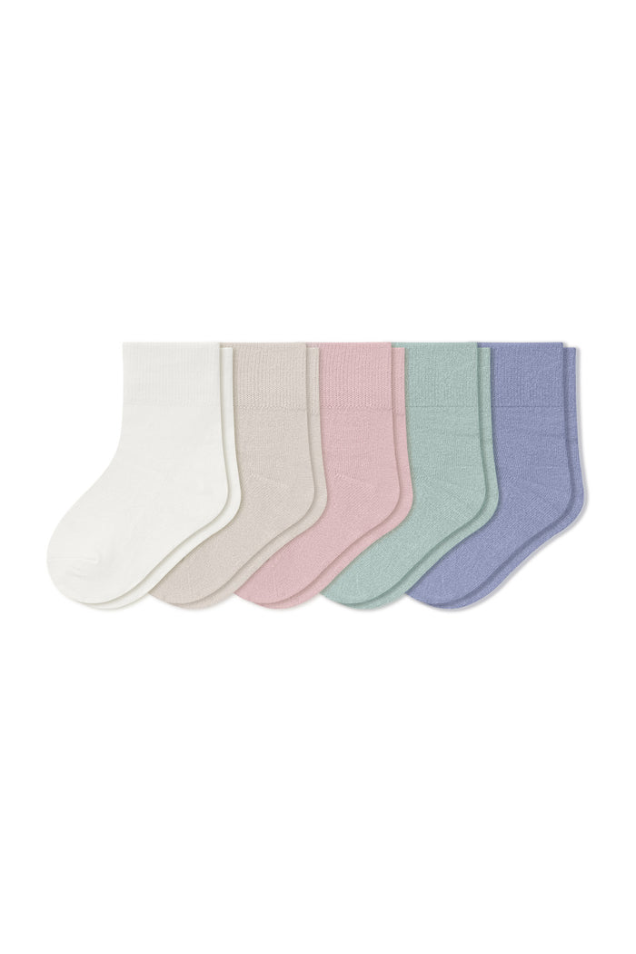 Quarter Socks Combo 5-Pack in Cloud, Oat, Blush, Sage, and Haze laying flat on a white background.