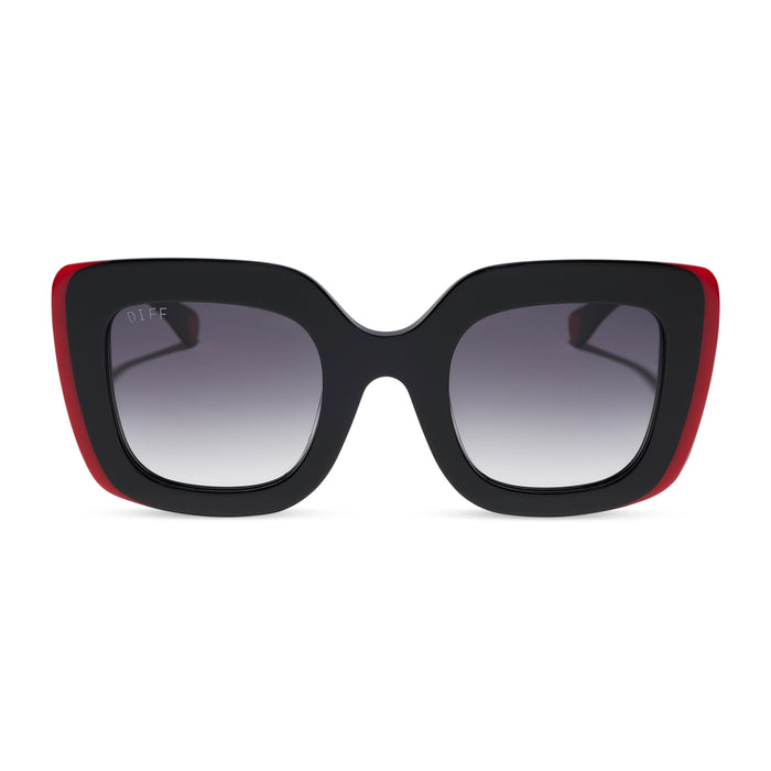 diff eyewear x disney alice in wonderland queen of hearts square oversized sunglasses with a black and red acetate frame and grey gradient lenses front view