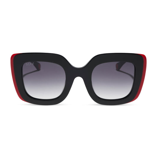 diff eyewear x disney alice in wonderland queen of hearts square oversized sunglasses with a black and red acetate frame and grey gradient lenses front view