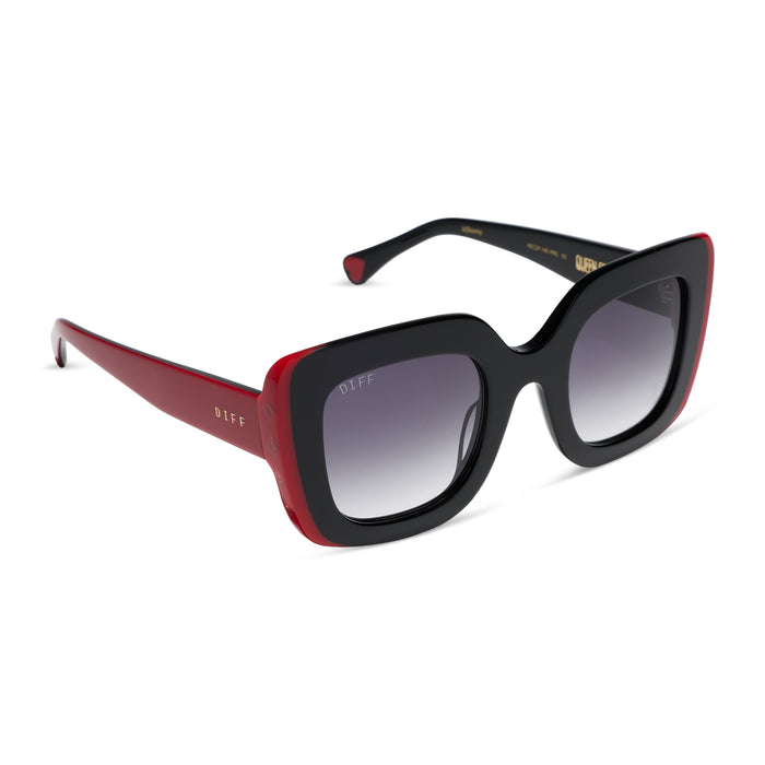diff eyewear x disney alice in wonderland queen of hearts square oversized sunglasses with a black and red acetate frame and grey gradient lenses angled view