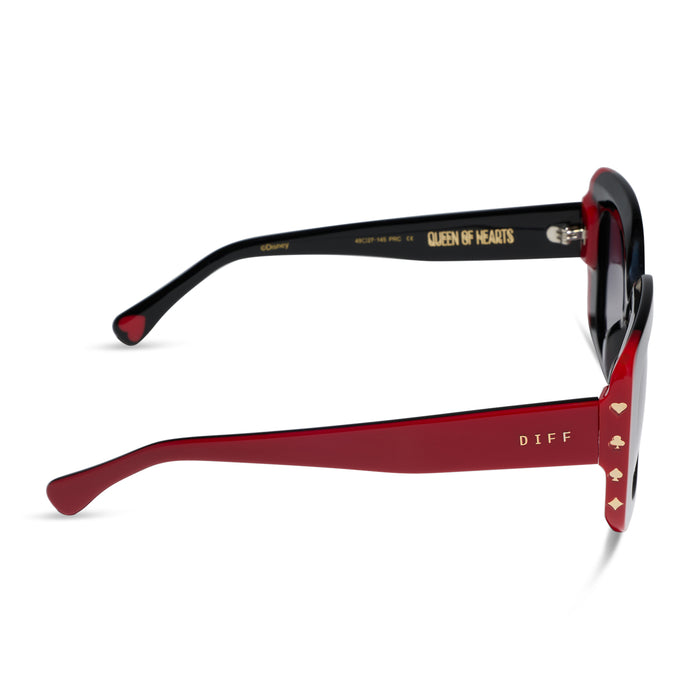 diff eyewear x disney alice in wonderland queen of hearts square oversized sunglasses with a black and red acetate frame and grey gradient lenses side view