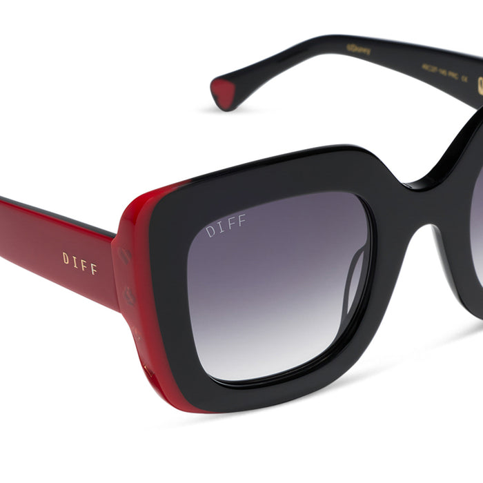 diff eyewear x disney alice in wonderland queen of hearts square oversized sunglasses with a black and red acetate frame and grey gradient lenses detailed view