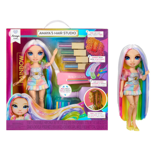 Toy doll with colorful hair and packaging for 'Amaya's Hair Studio' on a white background