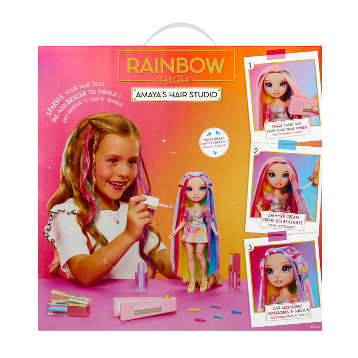 Rainbow High Amaya's Hair Studio toy set packaging with doll and accessories on a pink background