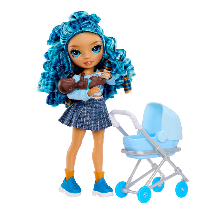 Skyler with dark skin baby and doll stroller on a white background
