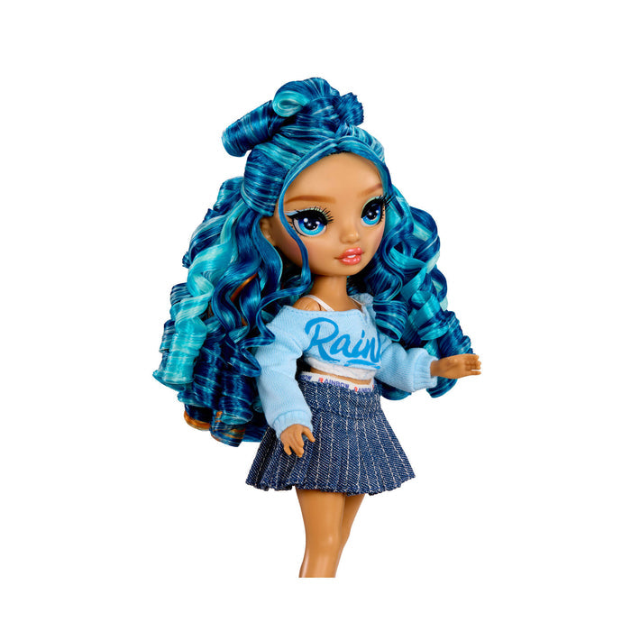 Doll with blue hair white background