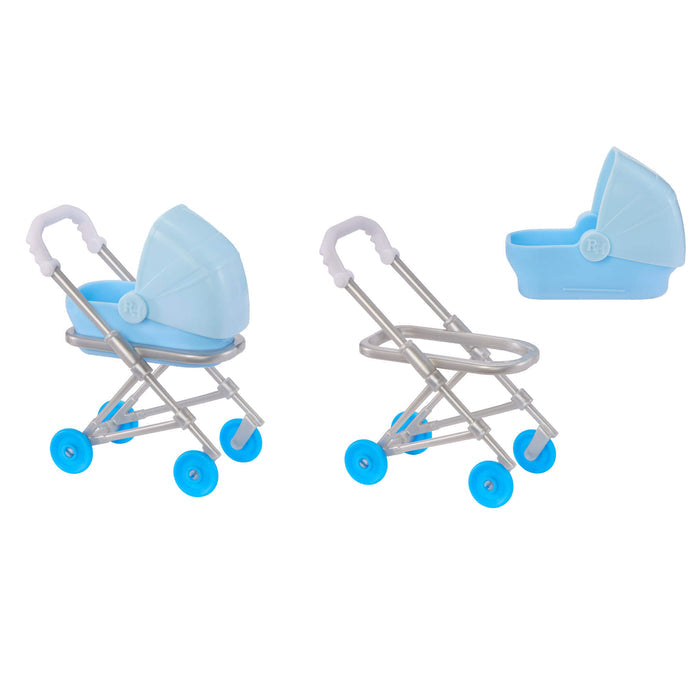 Blue Baby stroller with bed in and off base on a white background