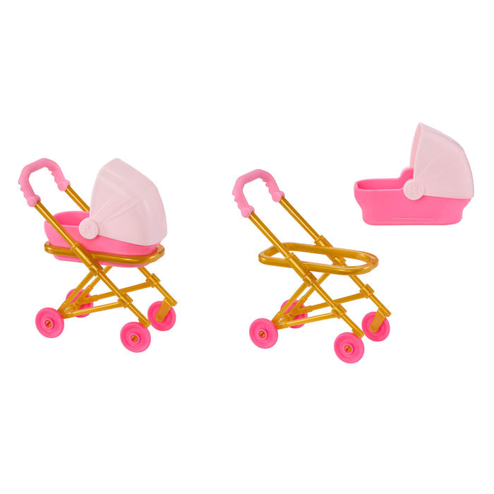 Pink Baby stroller with bed in and off base on a white background