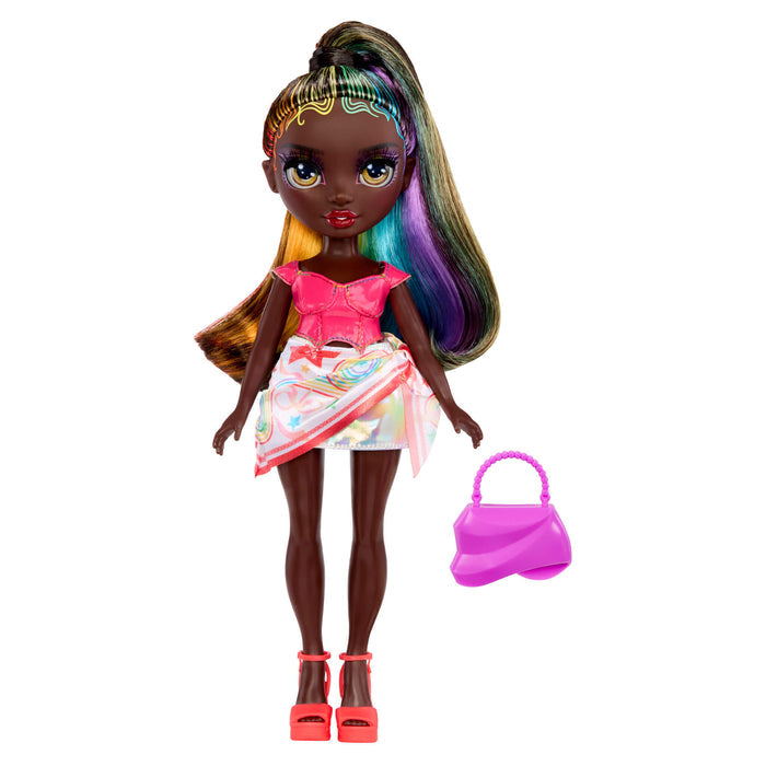 Rainbow High My Fashion Style Iris , with colorful hair and a pink purse on a white