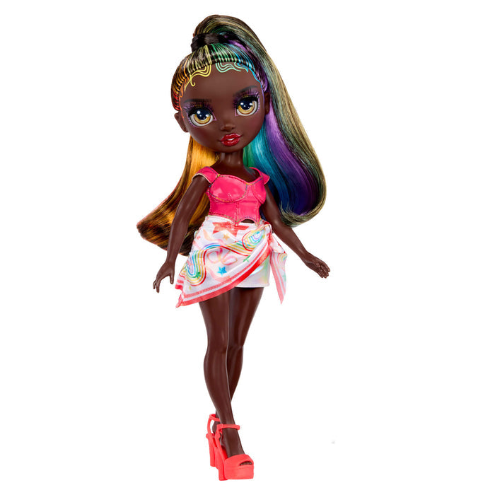 Doll with a high pony tail, pink top, colorful skirt and pink high heel shoes on a white background