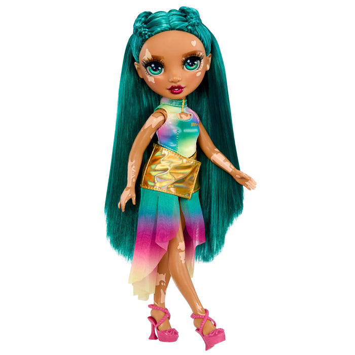 Doll has a shimmer top, chiffon shirt and fuchsia heels on a white background