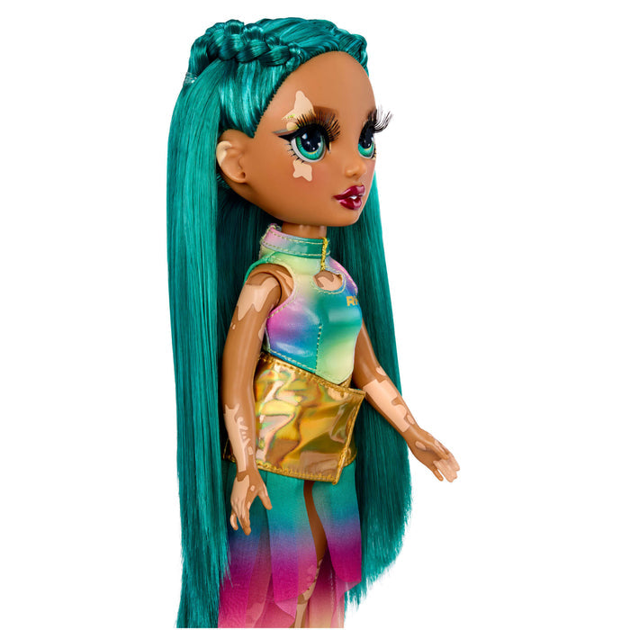 Jewel with green hair in half-up, half-down hairstyle, with braids on a white background