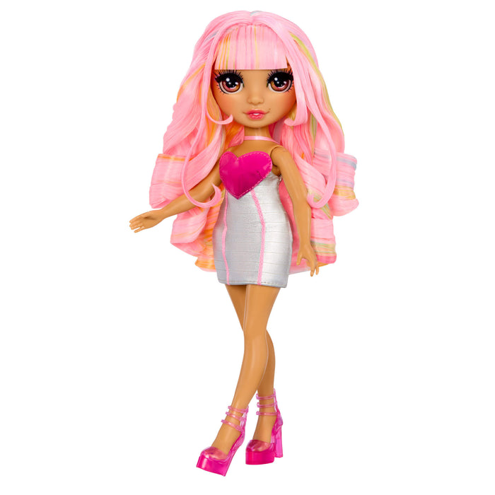 Doll with pink hair, white dress with a heart and pink high heels on a white background