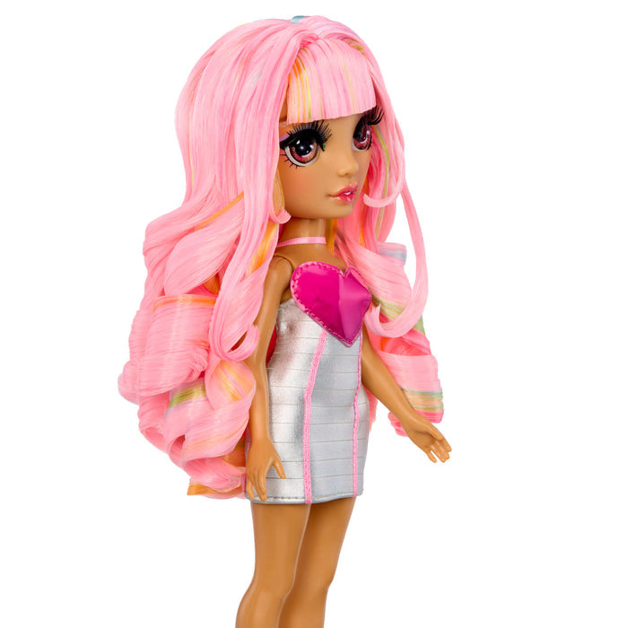 Kia with long pink hair, with bangs on a white background