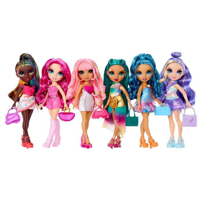 All six Rainbow High My Fashion Style dolls, Stella, Kia, Violet, Skyler, Jewel, and Iris on a white background