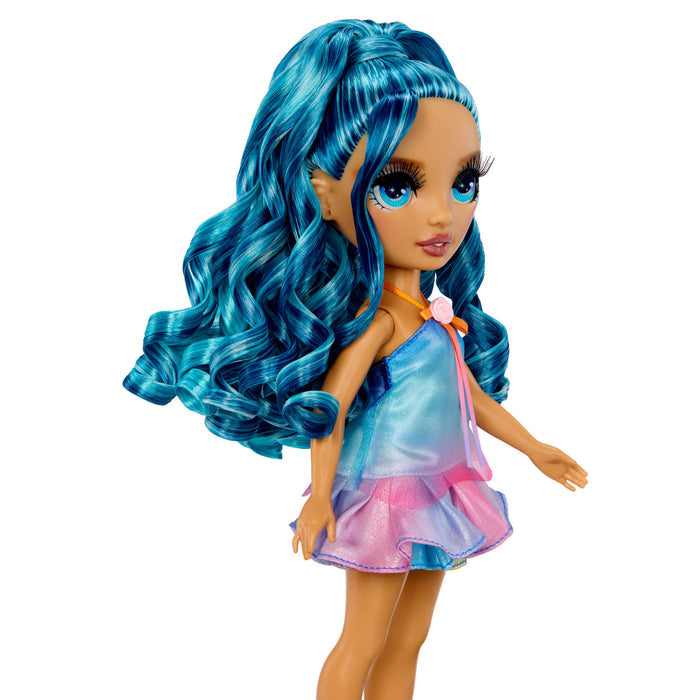 Skyler with blue hair on a white background