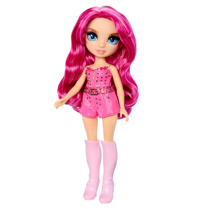 Doll with pink hair, pink jump suit and pink boots on a white background