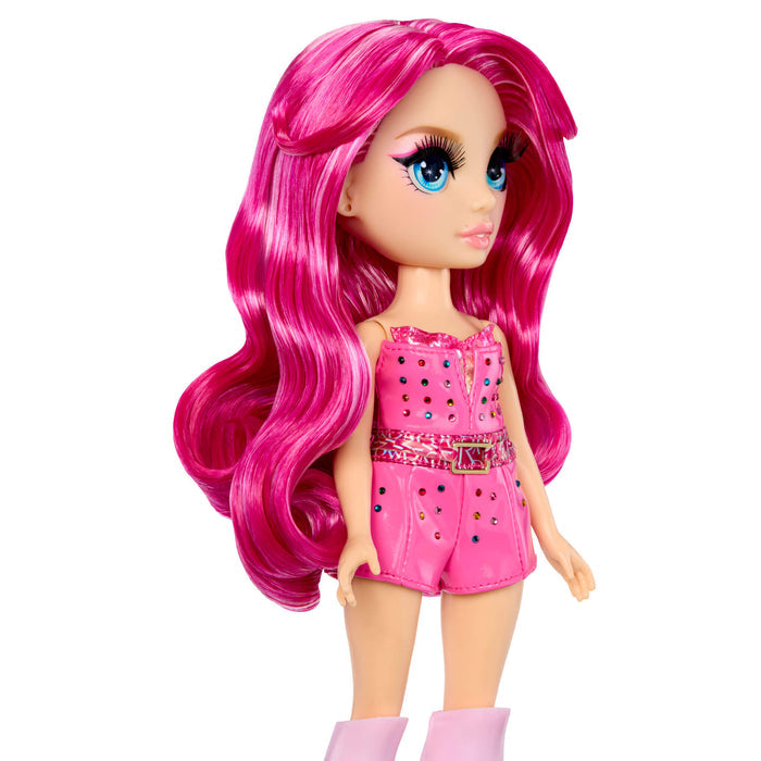 Stella with long pink hair on a white background