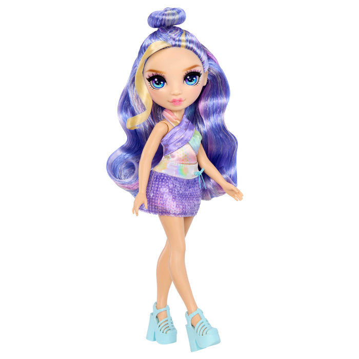 Doll with purple hair, purple skirt, blue high heels on a white background
