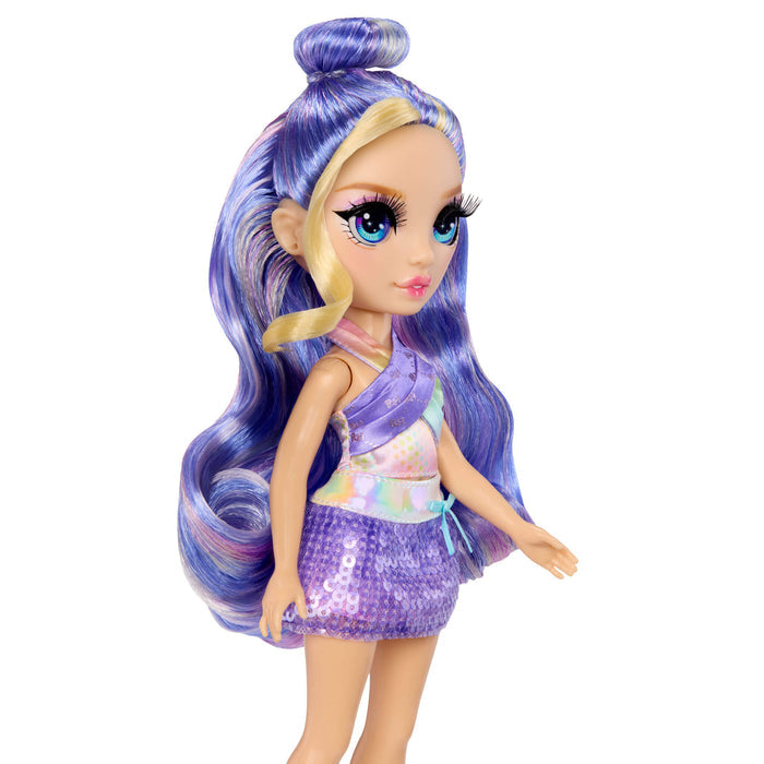 Violet with long purple hair with a blonde streak in a partial bun on a white background