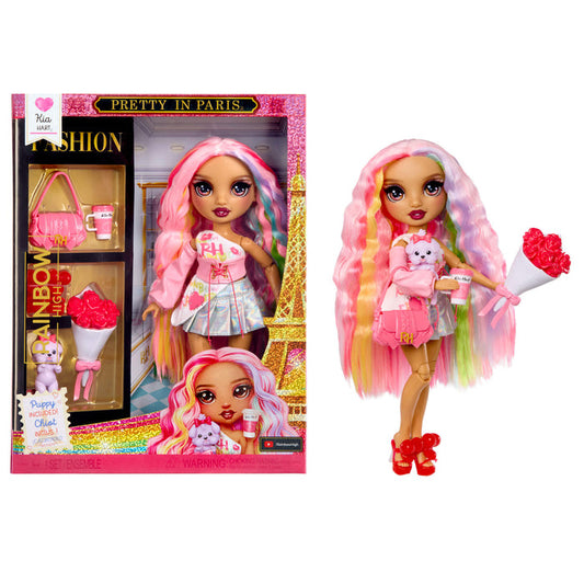 Toy doll with colorful hair next to its packaging on a white background
