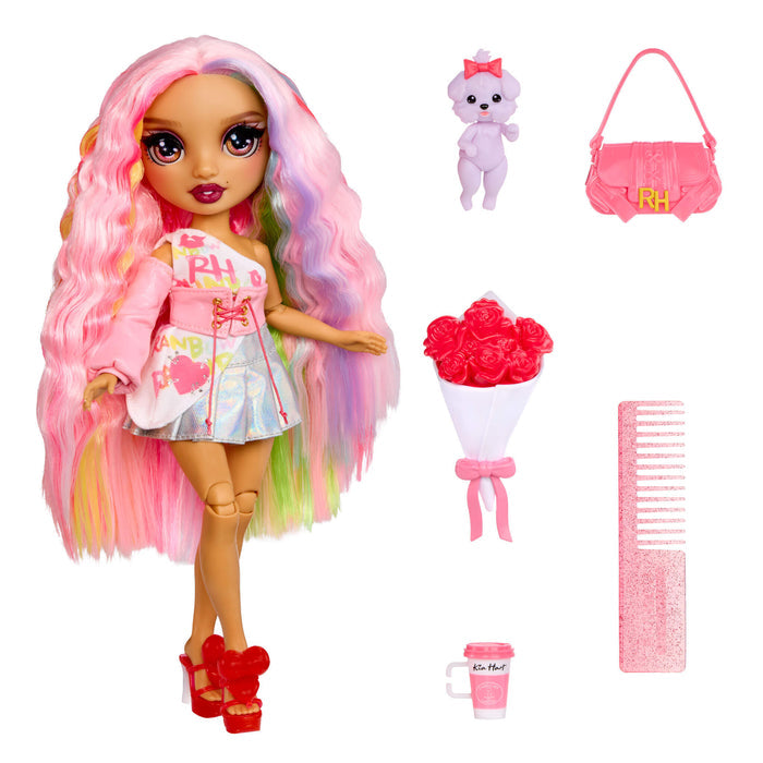 Doll with colorful hair and accessories including a puppy, handbag, bouquet, mug, and comb on a white background.
