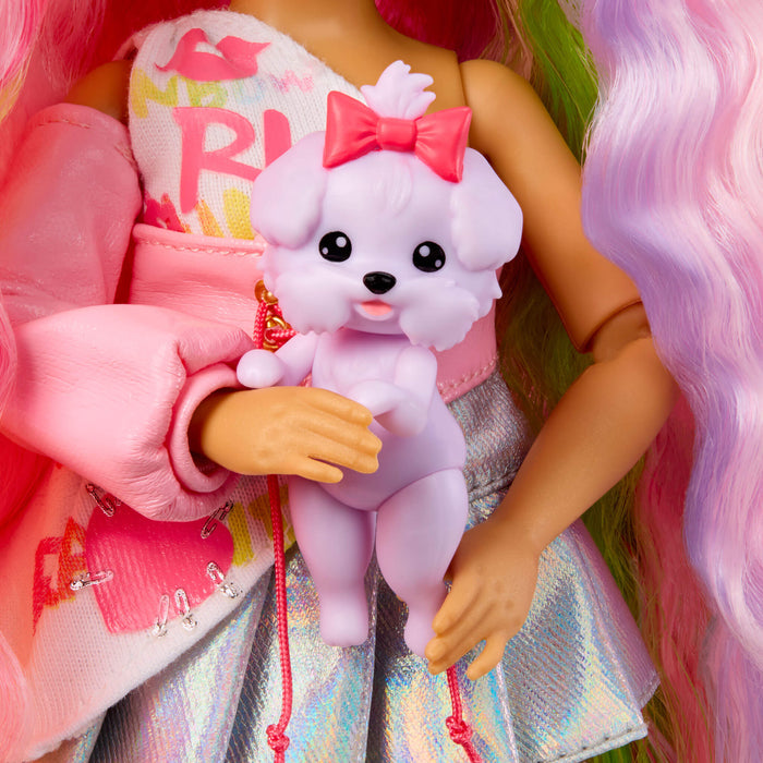Close-up of a doll holding a small  dog with a pink bow, wearing a colorful outfit.