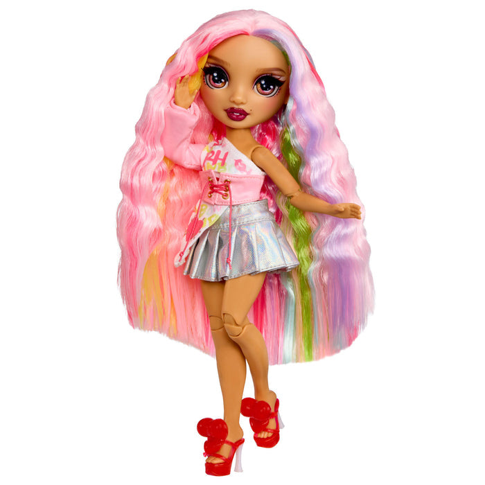 Doll with rainbow hair, wearing a pink top and silver skirt on a white background