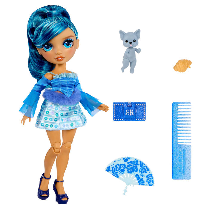 Doll with blue hair and outfit, accompanied by a small gray dog, a fan, a comb, and a wallet on a white background.