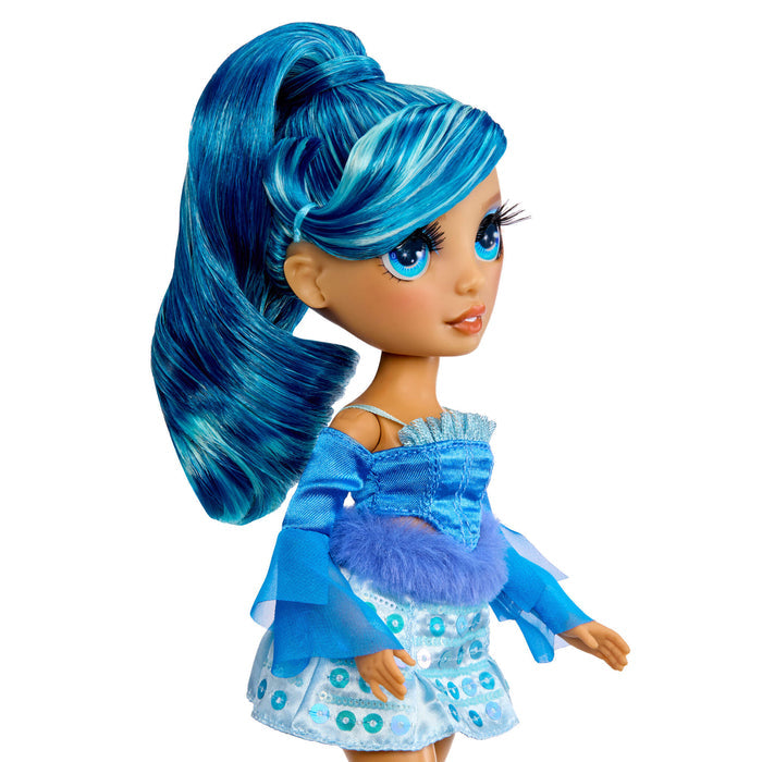 Toy doll with blue hair and a matching outfit on a white background