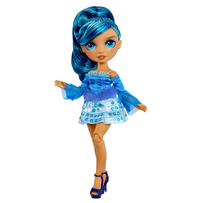 Toy doll with blue hair and outfit on a white background