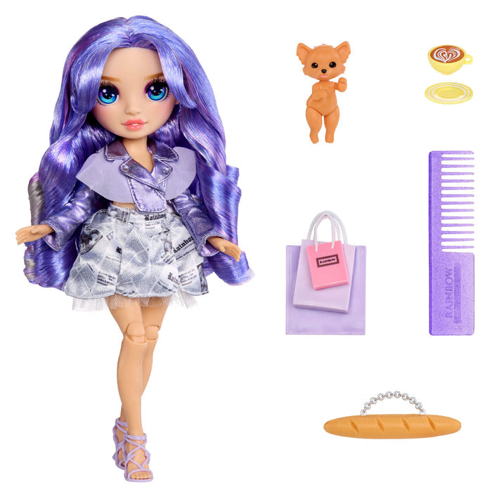 Doll with purple hair and outfit, accompanied by a small dog, bag, and comb on a white background