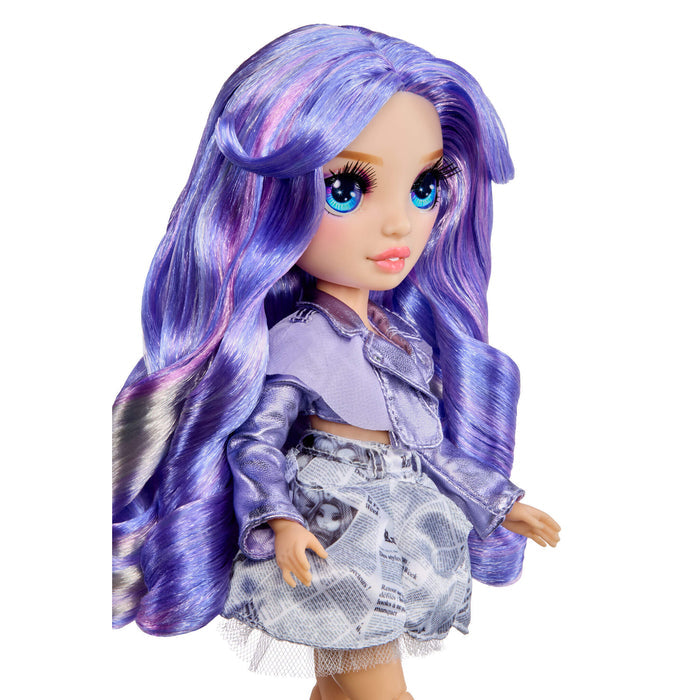 Doll with purple hair and a stylish outfit on a white background