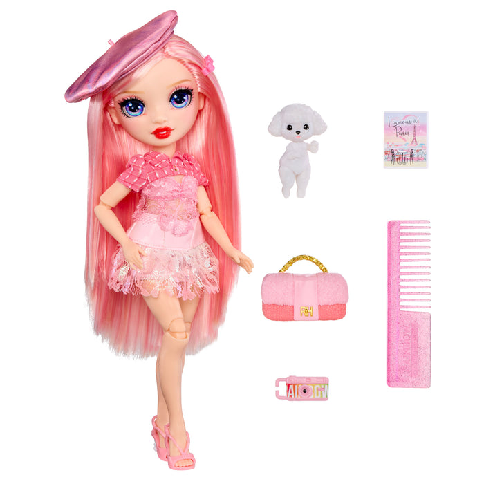 Toy doll with pink hair and outfit, accompanied by a dog, handbag, comb, and book on a white background
