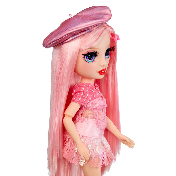 Doll with pink hair and outfit on a white background