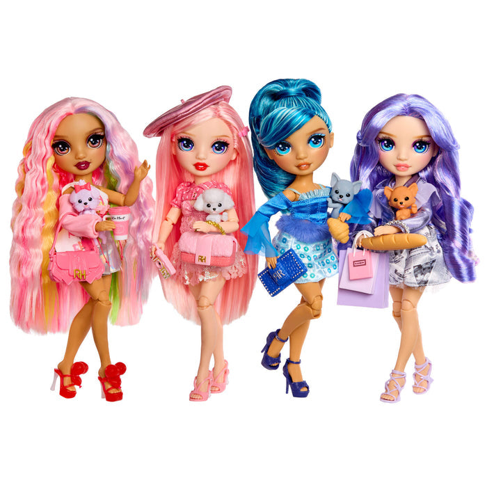 Four dolls with colorful hair and outfits on a white background