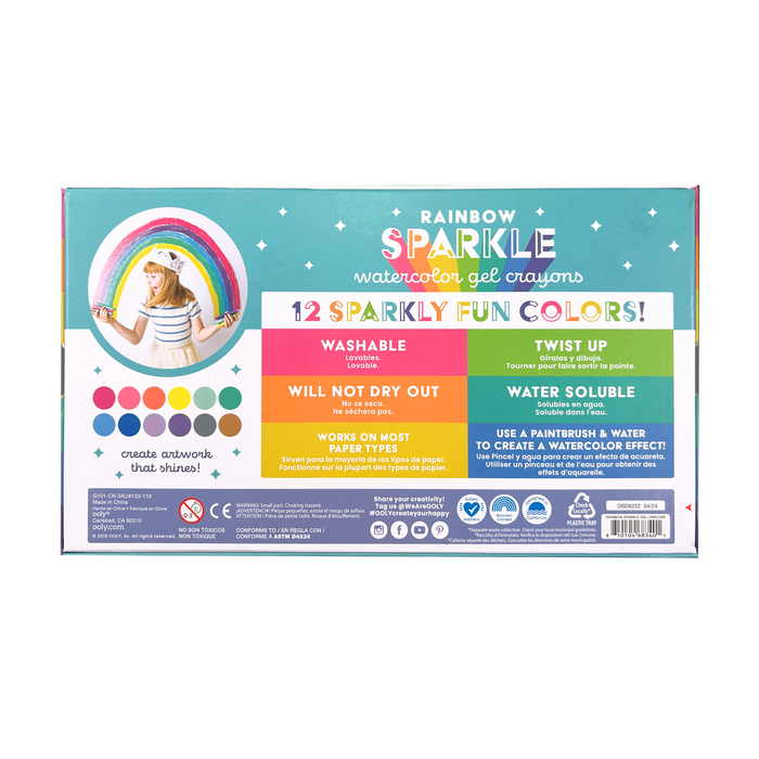 OOLY Rainbow Sparkle Metallic Watercolor Gel Crayons - Set of 12 back of packaging