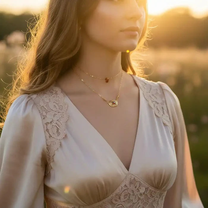 Red Crystal 14 K Gold Filled Adjustable Filigree Choker worn by a model in a sunlit outdoor setting.