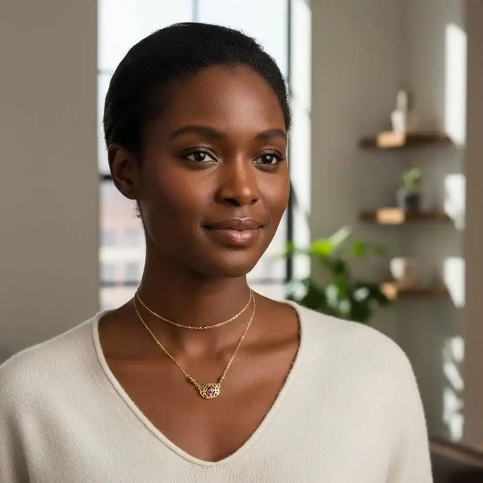 Red Crystal 14 K Gold Filled Adjustable Filigree Choker worn by a model in a stylish indoor setting.